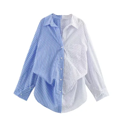 Women Color Block Striped Shirt Asymmetrical Patchwork Long Sleeve Button Down Oversized Casual Blouse With Chest Pocket