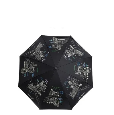 Wholesale Lingshicha 3-Section Automatic Night Scene Design Umbrella Creative Rainproof Polyester Gift Customizable Portable