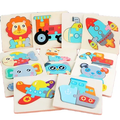 Cartoon Laser Cut 3d Wood Anime Puzzle Children Educational 3d Traffic Shape Matching Animal Puzzle Toy
