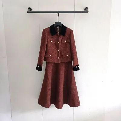 Women's Elegant 2-Piece Set Winter Plaid Pattern Top + Fishtail A-Line Skirt Dress Puff Sleeve Natural Waist Eco-Friendly