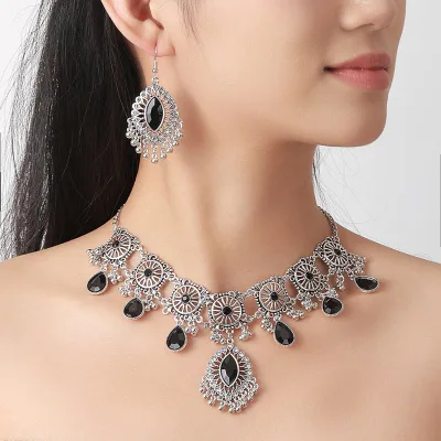 Silver Black Rhinestone Necklace Earring Set for Women Luxury Vintage Teardrop Tassel Evening Party Jewelry