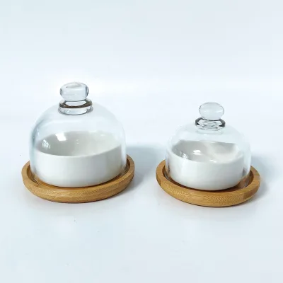 Premium Glass Butter Keeper Luxury Bamboo Butter Cassette with Ceramic Inner Bowl Glass Cloche for Butter Cheese