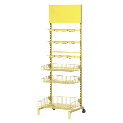 Adjustable Multi-Layer Laminated Metal Mesh Lightweight Pre-Assembled Snack Display Stand Wheeled Retail Supermarket Shelves