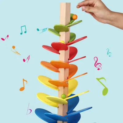 Kids Plastic Wood Rainbow Musical Tree Detachable Colorful Ball Rolling Game Early Educational Assembly Toy Color Recognition