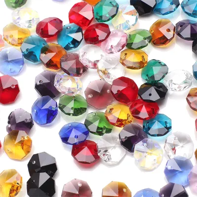 14mm Double-hole Octagonal Beads Colorful Glass Polished Pujiang Loose DIY Car Pendants Suncatchers Jewelry-making Materials