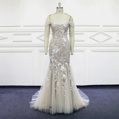 OEM ODM High Quality Tulle and Lace Fabric Sexy Fish Mermaid Wedding Dress Gown With Detachable Train