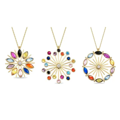 Gemnel Multicolor Zirconia Pendant Necklace Set Sunburst Fireworks Compass Crystal Vintage Ethnic Style Charms Jewelry