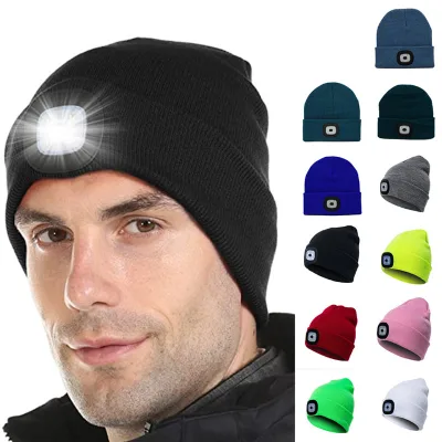 Rechargeable LED Beanie Hat with 4 Bright Lights and USB Charging, Warm Knitted Headlamp Cap for Outdoor Gifts