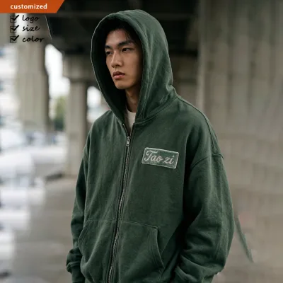 Custom Zip up Hoodie Acid Wash Vintage Puff Printing Embroidery Screen Printing Hoodie Oversized 400 Gsm Sweatshirts