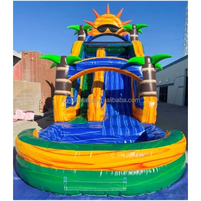 Inflatable Sun Palm Tree Slide with Swimming Pool Inflatable Water/Dry Slide for Water Park