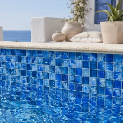Mediterranean Style Deep Blue Hand Painted Mosaic Tile for Resort Villa Pool Waterline Bathroom Feature Wall Mural Custom