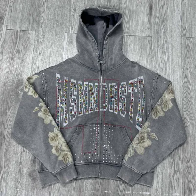 Hot Sale Custom Rhinestone Digital Printing Logo Vintage Heavyweight Hoodie Men Streetwear Acid Washed Distressed Zip up Hoodie