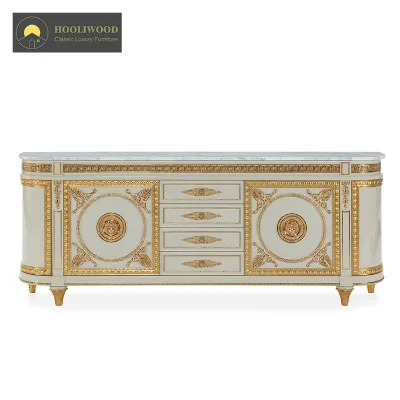 High End White Golden Wood Luxury Classic Sideboard Cabinet Wooden Marble Top Italian Vintage European French Buffet Sideboard
