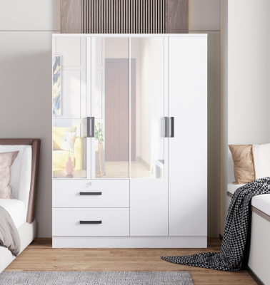 Furniture and Mattress 4 Mirrored Doors Wardrobe 2 Drawers with Shelves 72 High