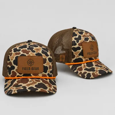 Camo Structured Trucker Hat Custom Embroidery Leather Patch Breathable Mesh Outdoor Sports Dad Adjustable Fit Baseball Cap