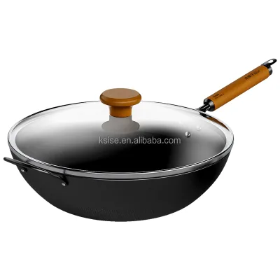 Wholesale Preseason Carbon Steel Wok Pan Thickness 1.5mm Nitridation Cooking Wok 32cm with Wooden Handle Glass Lid
