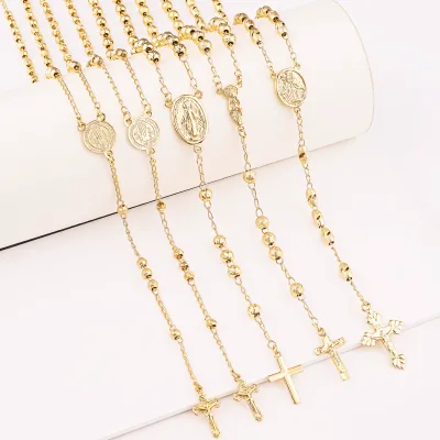 Fine Jewelry 14K Oro Laminado Gold Plated Religious Chain Cross Beads Catholic Rosary Necklace Christian Rosario Cadena