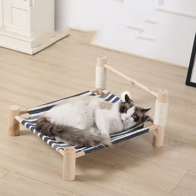 Fashionable Wooden Elevated Portable Cat Bed with Detachable Scratchers & Hammock Small Dog Bed