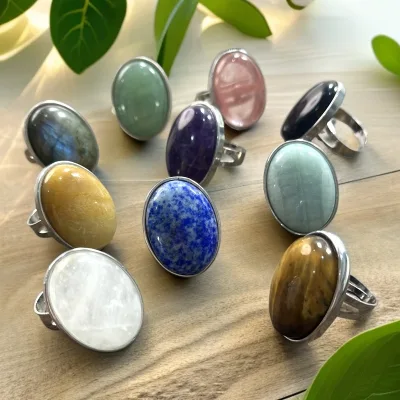 Wholesale Factory Price Adjustable Finger Ring Natural Gemstone Ring Black Obsidian Amethyst Opal Rings for Women Men