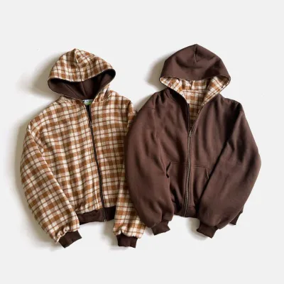 Custom Brown Plaid Zipper Hoodies Solid Blank Zip Hoodie Reversible Heavyweight Zip-up Hoodie Manufacturer