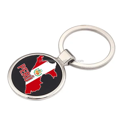 Round Nickel Colorful Peru Map Printing Keychains Peru Flag Key Ring
