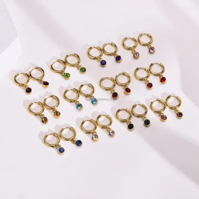 Trendy Zircon Earrings Colorful Round Crystal Charms Stainless Steel Hoop Earrings Assorted Color Custom Charms Pendant