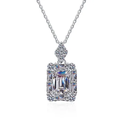 S925 Silver Necklace 1 Carat Moissanite Pendant Emerald Cut Radiant Cut Factory Wholesale