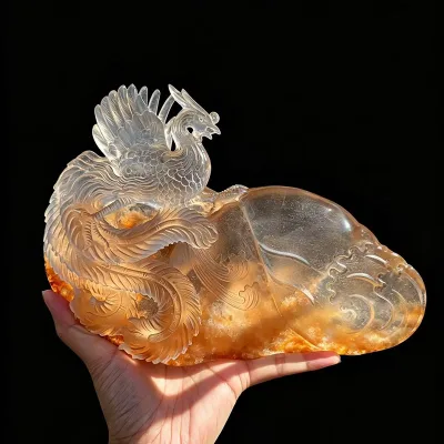 Natural Yellow Fire Quartz Carving Chinese Dragon Phoenix Qilin Statue Healing Crystal Ornament for Home Office Villa Decoration