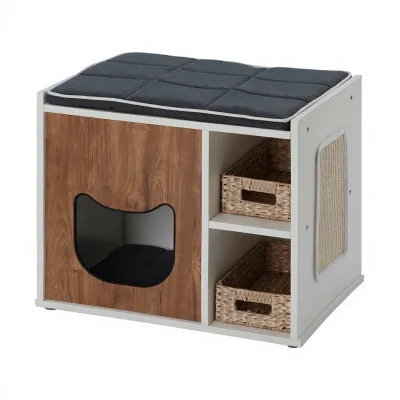 Wooden Cat House Pet Furniture Storage Bench Cat Condo with Scratch Board Cushion Bedside Cabinet