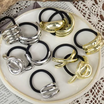 Fashion Women Curved Knot Cross Geometric Gold Metal Alloy Elastic Rubber Hair Bands Golden Women Hair Ties Rope Accessories