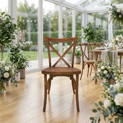 Factory Wholesale PP Plastic Cross Back Chair Wood Grain Effect Stackable Event Chair for Wedding Venue Hotel Restaurant