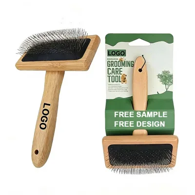 Custom Logo Bamboo Pet Grooming Comb Pet Comb with Bamboo Handle Dog Pin Brush Cat Hair Removal Comb Cleaning Brush