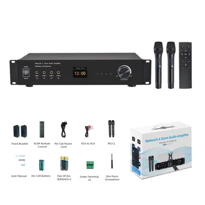 4 Zone Network Mini Power Amplifier with WiFi Wireless Mic Support 50Wx16 for School Church Factory
