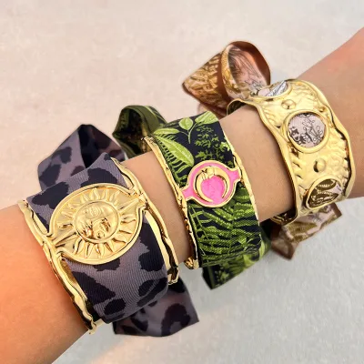 Stainless Steel Plated with 18K Gold Geometric Wide Version Hollow Bangle with Sun and Moon Design Bracelet
