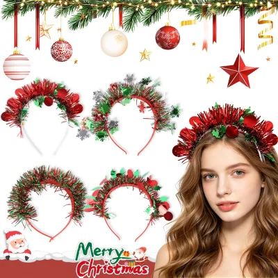 Snowflake Sequin Headband with Red Green Silver Tinsel for New Year Eve Party Costume Hair Accessory Women Girls
