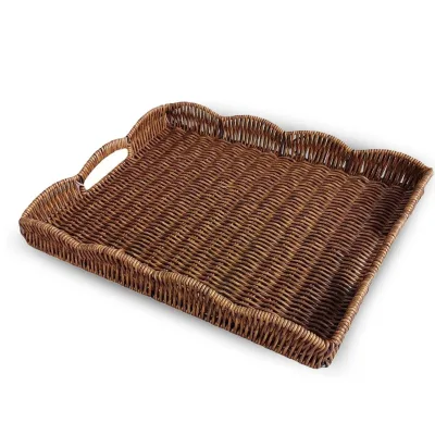 Tray Scalloped Edge Rectangular Faux Rattan Iron Handles Foldable Multifunction Bathroom Decorative