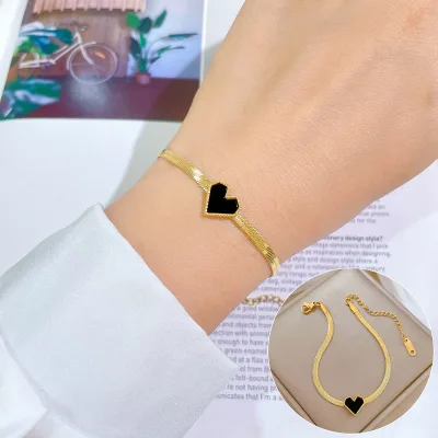 unique Trendy Black heart-shaped Charm snake chain round beads Frame gold bracelet Popular Gold Plated Titanium steel bracelet