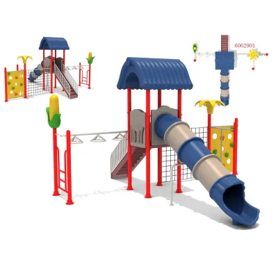 Customized Outdoor Playground Equipment Blue Roof Spiral Tube Slide Climbing Net Bridge Corn/Sunflower Theme-Plastic Steel