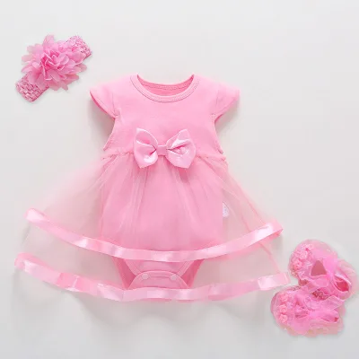 Princess Style Infant Romper Summer Casual Birthday Dress Lace Decoration Solid Pattern Toddler Girls Dress 100% Cotton