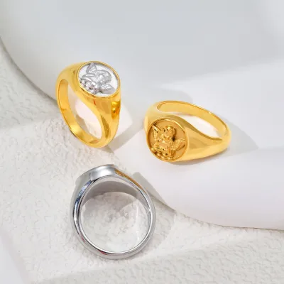 Two-Tone Cherub Ring 316L Stainless Steel Angel Baby Girl PVD 18K Gold Plated Ring
