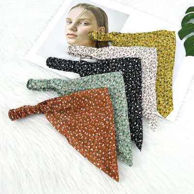 Sweet Floral Print Versatile Bohemian Four Seasons Hairband Women Daily Rural-style Chiffon Triangular Headscarf Stretchy