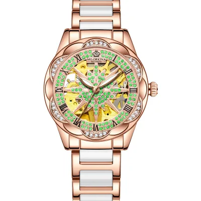 ORKINA Brand Fashion Ceramic Strap Mechanical Watches Rose Gold Ladies Skeleton Automatic Wrist Watches Montre Femme