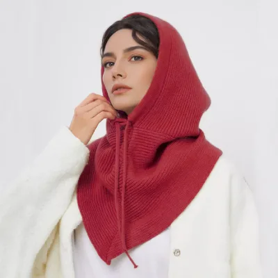 New Solid Color Simple Knitted Neck Warmer Hat Scarf One-Piece Dual-Use Drawstring French Cap Autumn Winter Mens Womens