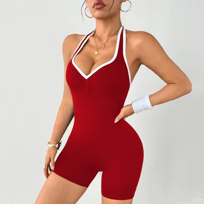 Women's V-Neck Bodycon Yoga Jumpsuit High Elastic Seamless Halter Neck Workout Romper Tummy Control & Breathable Gym Bodysuit