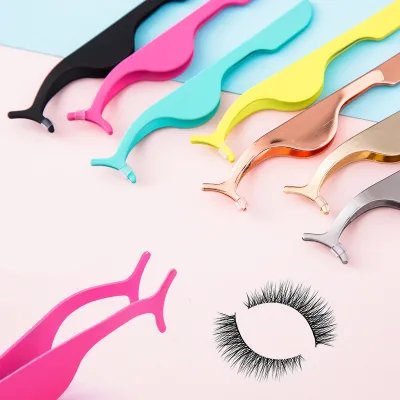 Lashes Box with l Shape Tweezers Wholesale Rose Gold 3d Mink Lash Strip Tweezer Private Label pink Lash Tweezers