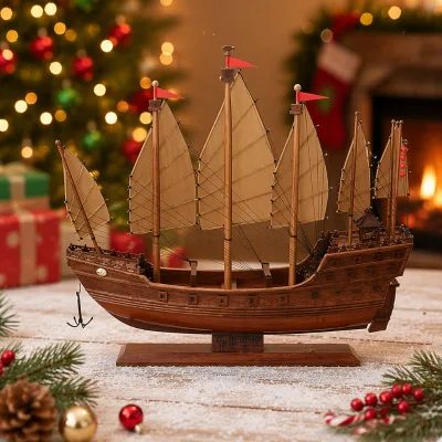 Solid Wood Zheng He Treasure Ship Model Ornament, Wooden Ship Model Decor, Ancient Sailing Vessel Decorative Ornament