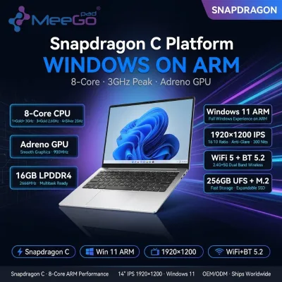 14 Inch Qualcomm Snapdragon C AI Laptop Windows 11 ARM Thin and Light Notebook 15H Long Battery Life 8GB 256GB Student Business