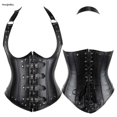Steampunk Women's Leather Corset W Shape Velvet Halterneck Strap Red Black Buckle Lace Plus Size Firm Underbust Corset