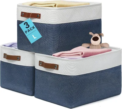 Foldable Canvas Storage Boxes with Leather Handles for Clothes Shoes Toys & Wardrobes-Classic Design
