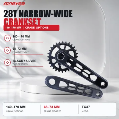 28T 24mm Aluminum Bicycle Crankset 140-170mm Narrow Wide Chainring Hollow Spindle Sandblasted/Anodized Black for 68-73mm Bottom